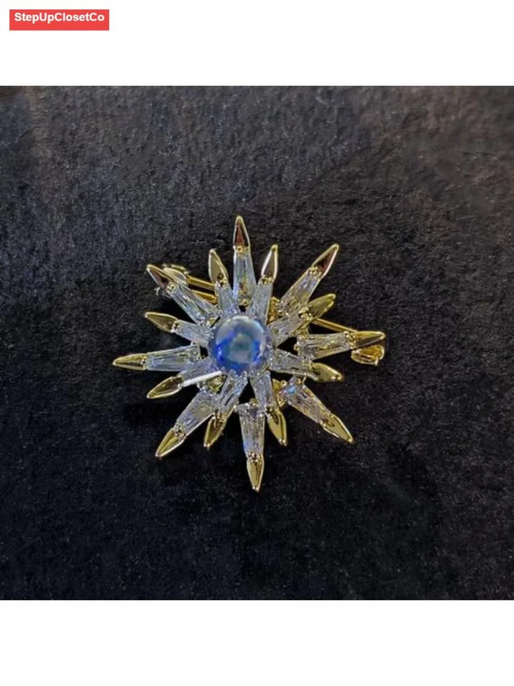 Sparkling Starburst Brooch Pin Double Layer Pearl CZ Gold Plated Punk Style 1